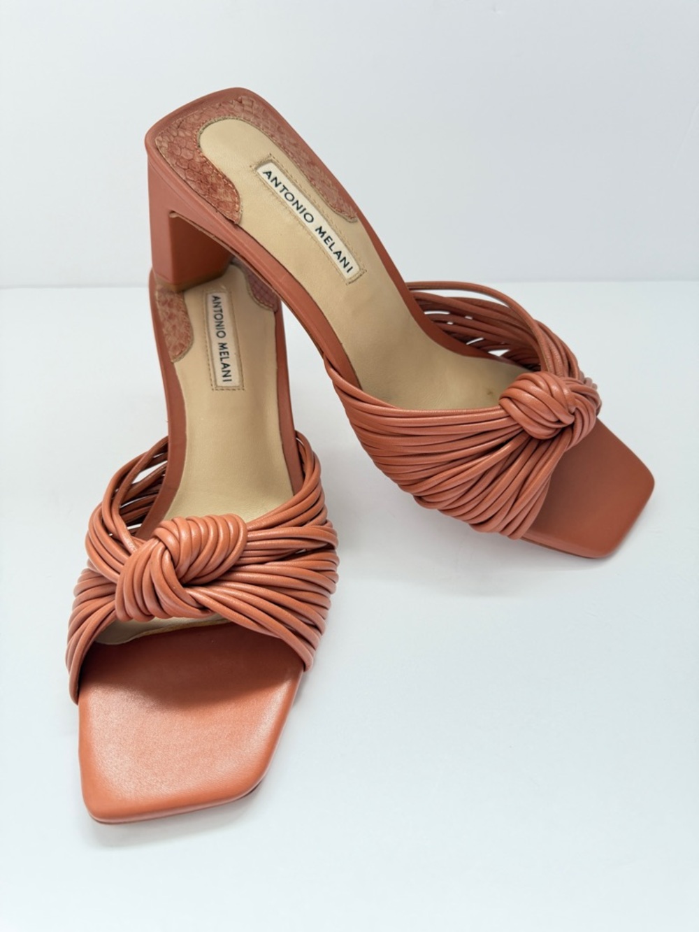 Antonio Melani Leather Knot Strap mule block Heel Slide Sandals 6.5 Chic Summer